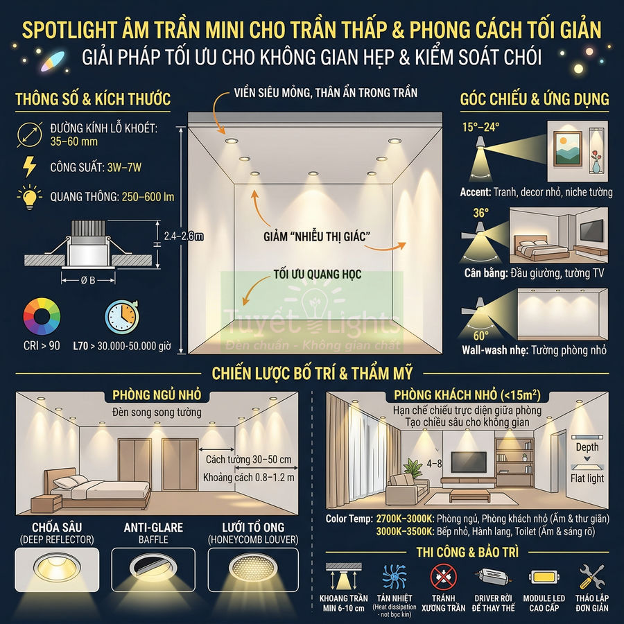 Infographic spotlight âm trần mini Tuyết Lights cho trần thấp, phòng ngủ và phòng khách nhỏ phong cách tối giản