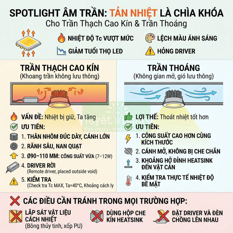 Infographic hướng dẫn tản nhiệt cho đèn spotlight âm trần trần thạch cao kín và trần thoáng
