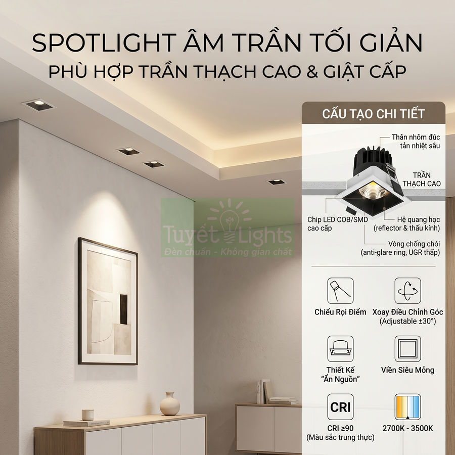Đèn spotlight âm trần tối giản Tuyết Lights cho trần thạch cao, ánh sáng rọi điểm 2700K 3500K