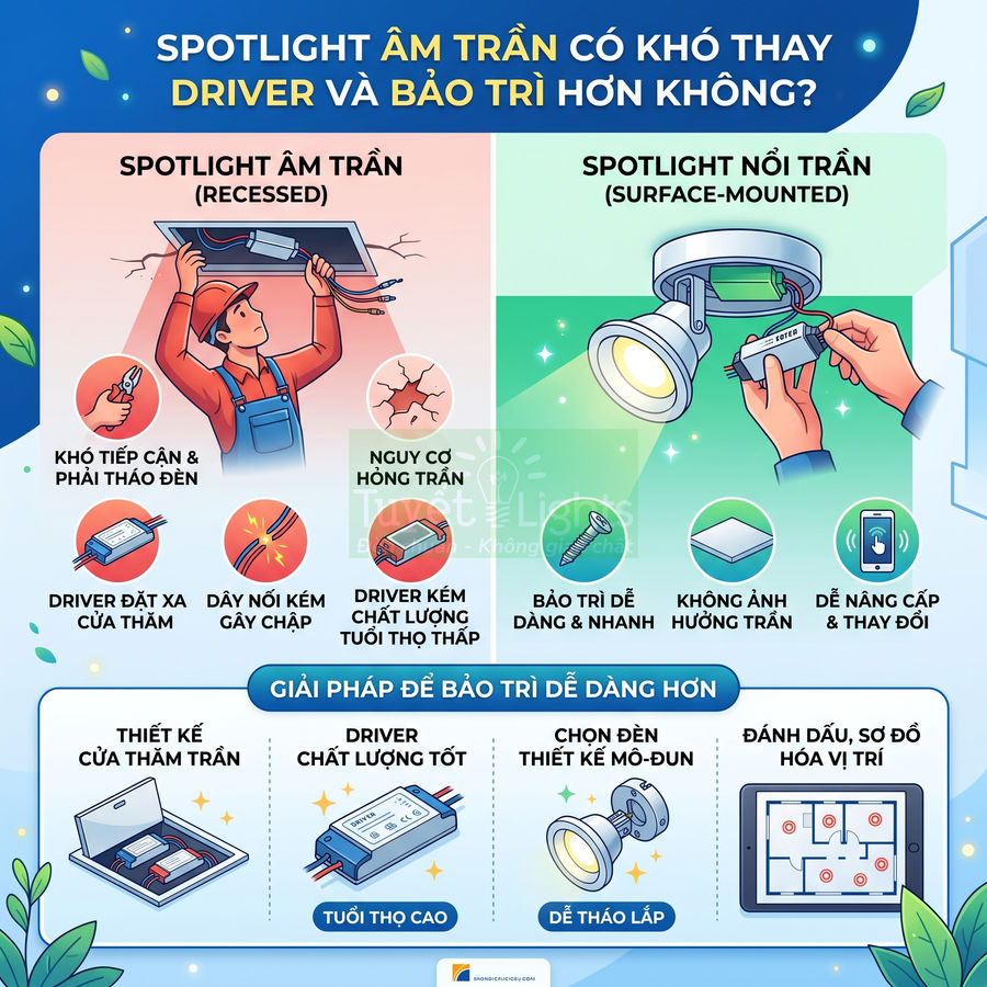 So sánh spotlight âm trần và spotlight nổi trần, ưu nhược điểm bảo trì và giải pháp chọn đèn dễ thay thế