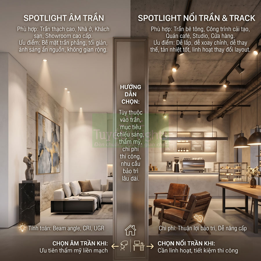 Lắp đèn spotlight âm trần hay nổi trần tốt hơn?