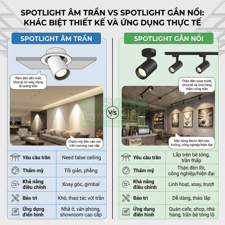 So sánh spotlight âm trần và spotlight gắn nổi, minh họa ứng dụng chiếu sáng phòng khách và quán cafe
