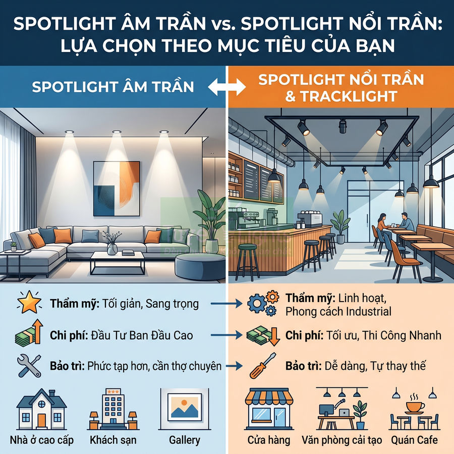 So sánh spotlight âm trần và spotlight nổi trần tracklight cho phòng khách, quán cafe, cửa hàng và văn phòng