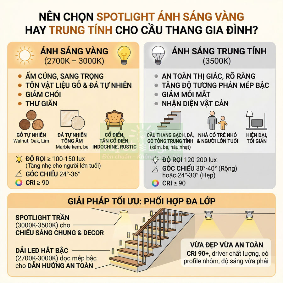Infographic so sánh spotlight ánh sáng vàng và ánh sáng trung tính cho cầu thang gia đình, gợi ý phối hợp đèn trần và đèn LED hắt bậc
