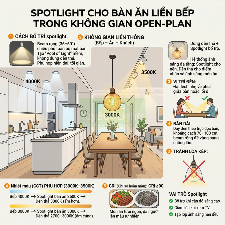 Minh họa bố trí đèn spotlight và đèn thả cho bàn ăn liền bếp trong không gian mở hiện đại