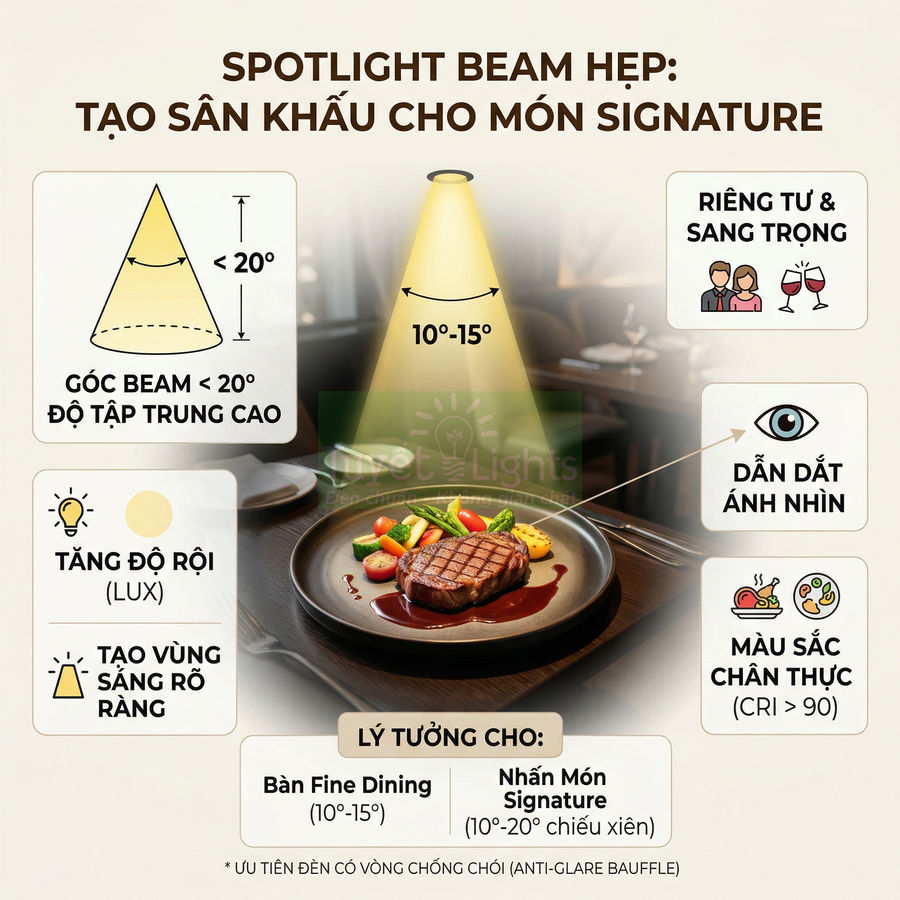 Đèn spotlight beam hẹp chiếu tập trung lên món steak trên bàn fine dining trong nhà hàng sang trọng