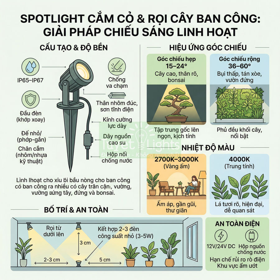 Đèn spotlight cắm cỏ chiếu cây ban công, thân nhôm đúc chống nước, minh họa góc chiếu và cách bố trí an toàn