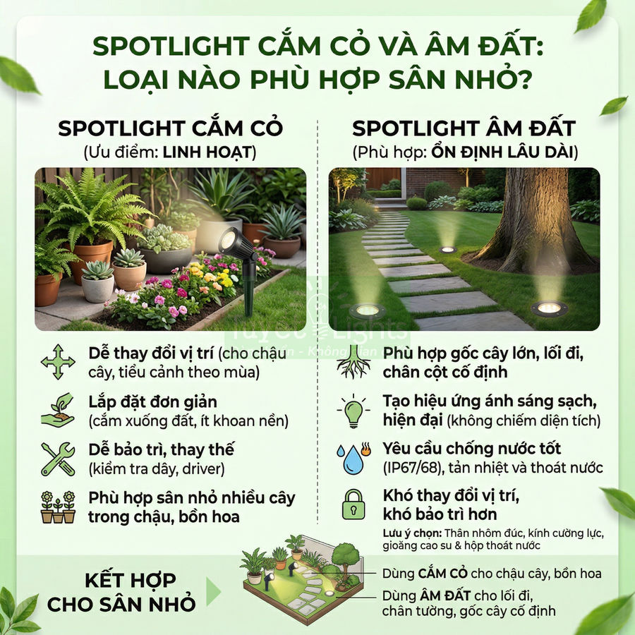 So sánh đèn spotlight cắm cỏ và spotlight âm đất chiếu sáng sân vườn nhỏ, cây xanh và lối đi ngoài trời