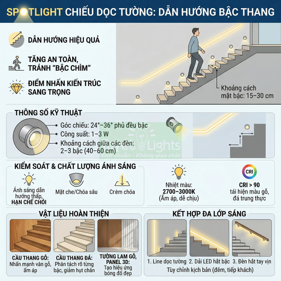 Đèn spotlight chiếu dọc tường dẫn hướng bậc thang, ánh sáng vàng an toàn và tăng điểm nhấn kiến trúc