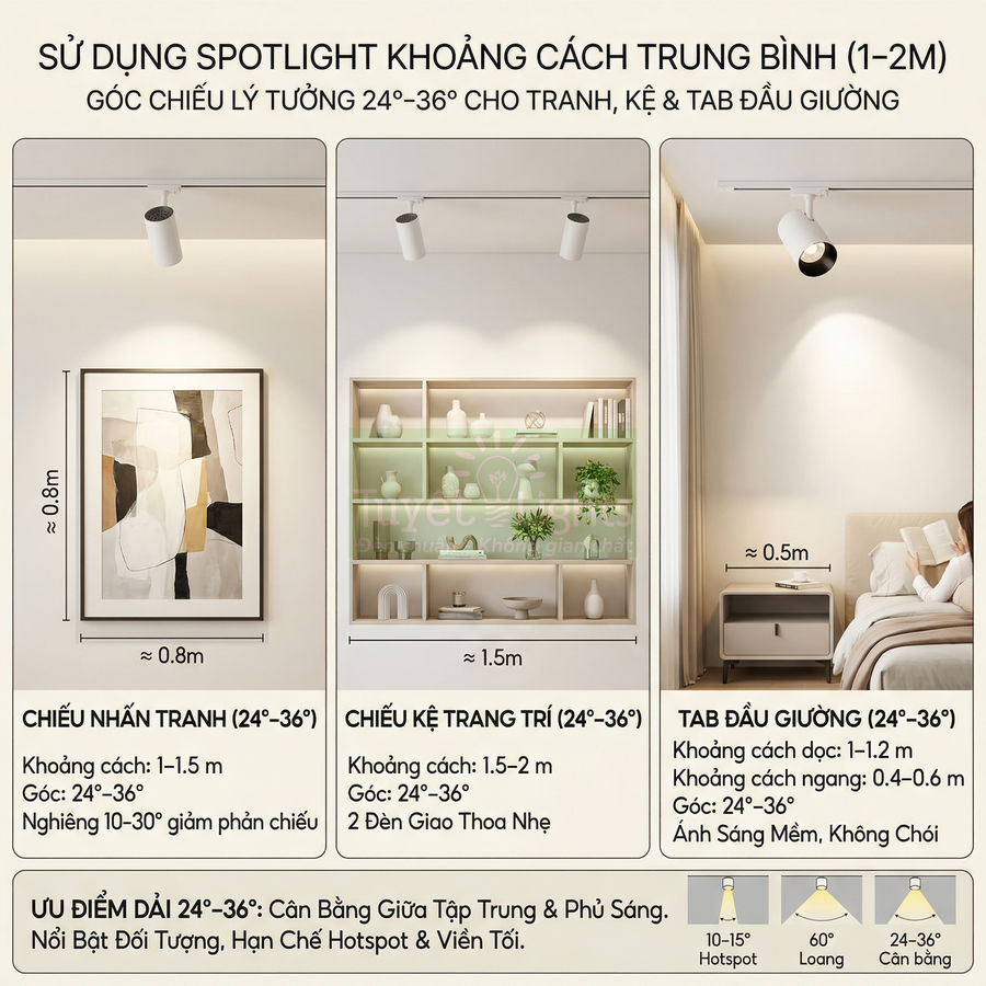 Hướng dẫn sử dụng đèn spotlight chiếu tranh, kệ trang trí và tab đầu giường với khoảng cách và góc chiếu lý tưởng