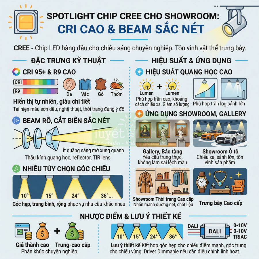 Infographic spotlight chip LED Cree cho showroom, trình bày ưu điểm CRI cao, beam sắc nét và ứng dụng chiếu sáng trưng bày