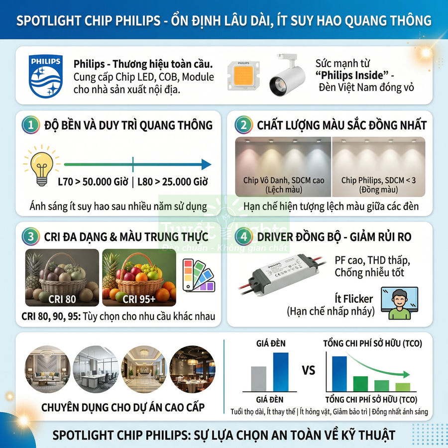 Infographic giới thiệu ưu điểm đèn spotlight chip Philips bền lâu, màu sắc trung thực, driver đồng bộ cho dự án cao cấp