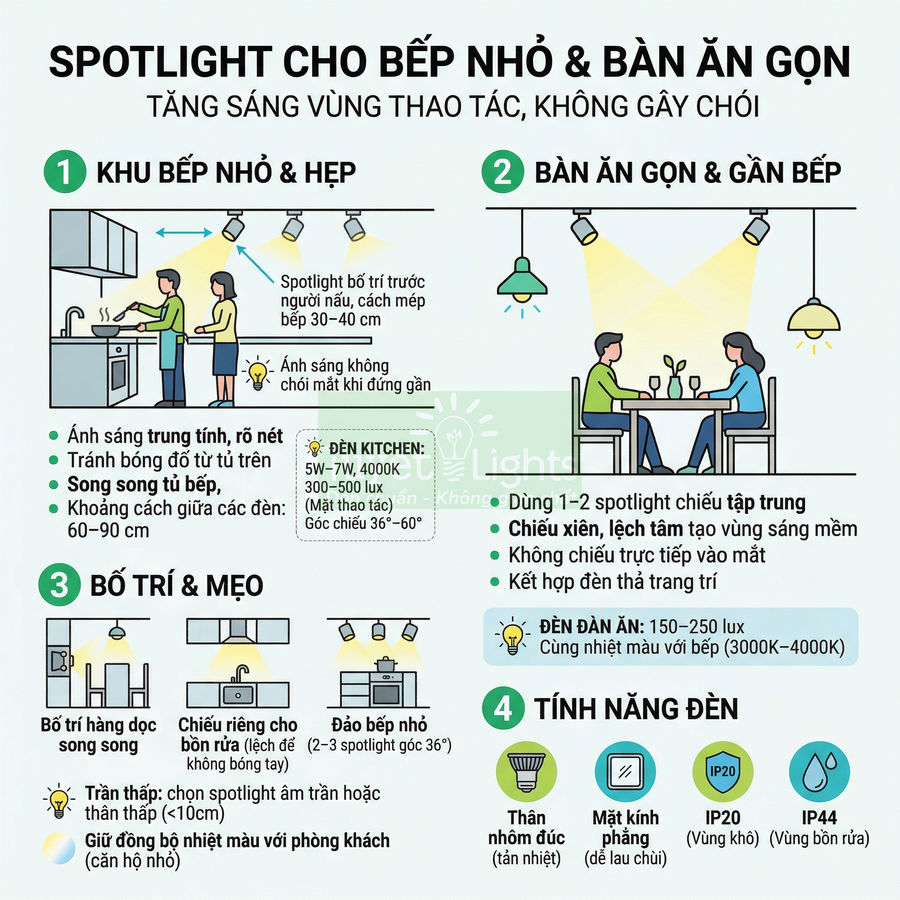 Hướng dẫn bố trí đèn spotlight cho bếp nhỏ và bàn ăn gọn, tăng sáng vùng nấu và khu vực ăn uống