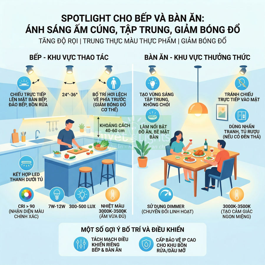 Infographic hướng dẫn bố trí đèn spotlight cho bếp và bàn ăn với ánh sáng ấm, tập trung, giảm bóng đổ
