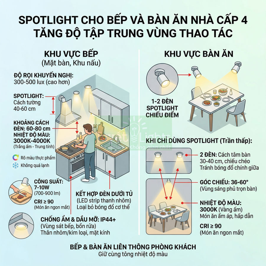 Minh họa bố trí đèn spotlight cho khu vực bếp và bàn ăn nhà cấp 4 tăng sáng vùng nấu và bàn ăn