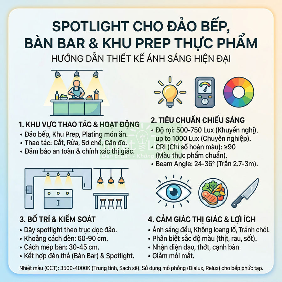Hướng dẫn thiết kế ánh sáng spotlight cho đảo bếp, bàn bar và khu prep thực phẩm trong nhà bếp hiện đại