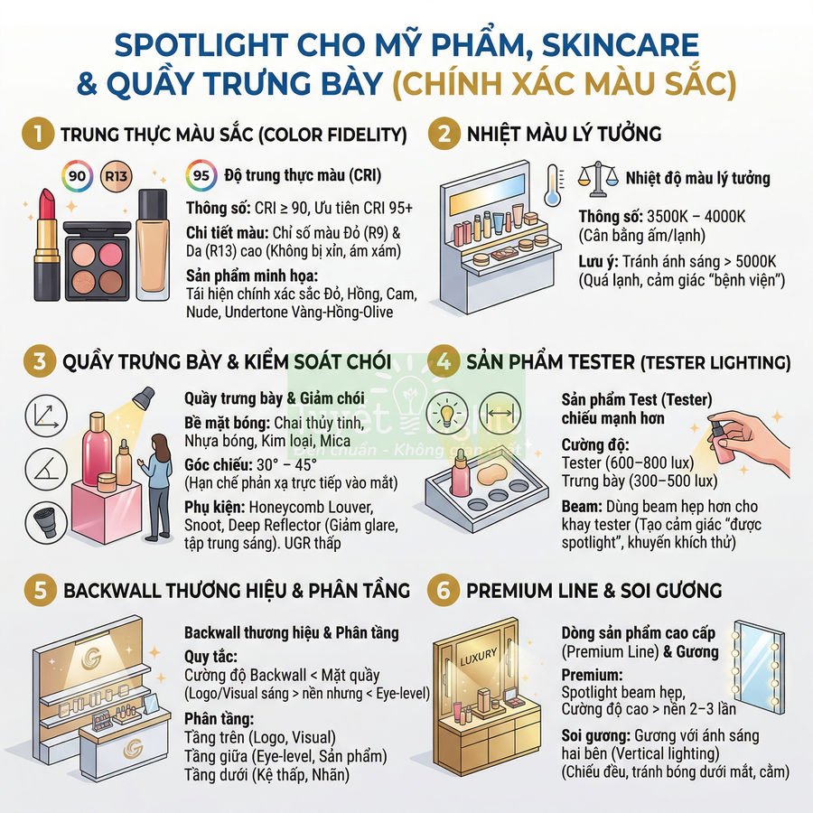 Hướng dẫn spotlight đèn chiếu cho quầy trưng bày mỹ phẩm và skincare, tối ưu màu sắc và ánh sáng sản phẩm