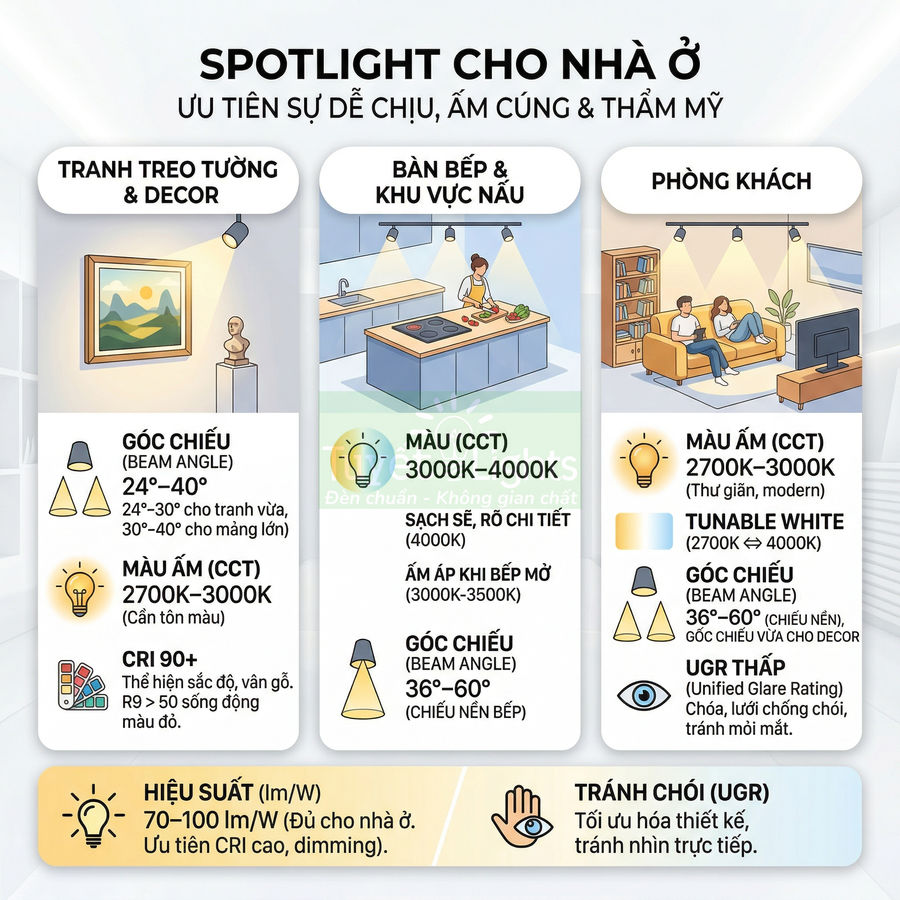 Hướng dẫn chọn đèn spotlight cho nhà ở với minh họa chiếu sáng tranh, bếp và phòng khách