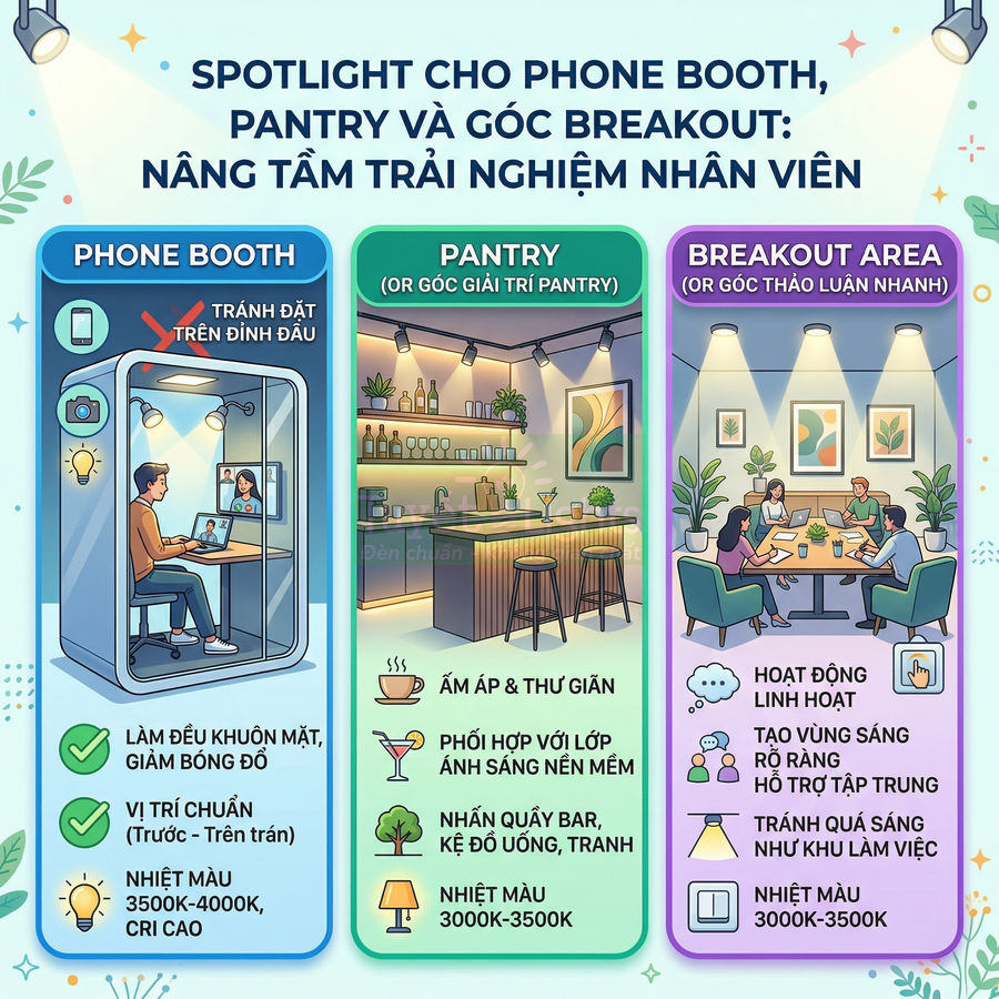 Minh họa thiết kế phone booth, pantry và góc breakout văn phòng với hệ thống đèn spotlight hiện đại