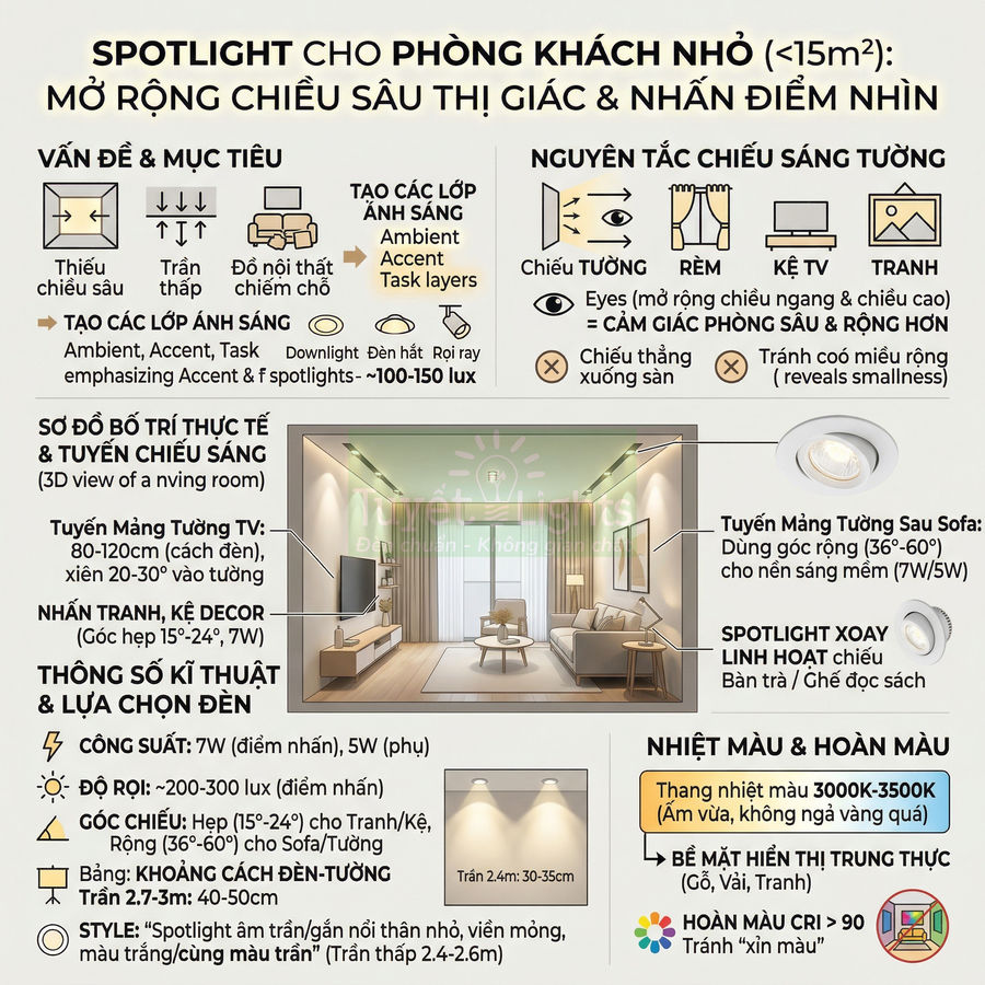 Hướng dẫn bố trí đèn spotlight âm trần cho phòng khách nhỏ với minh họa không gian và thông số chiếu sáng chi tiết