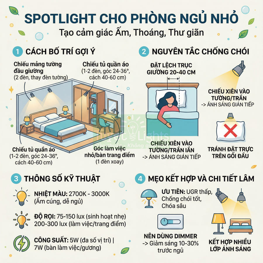 Infographic hướng dẫn bố trí đèn spotlight cho phòng ngủ nhỏ với mẹo chống chói và thông số kỹ thuật chi tiết