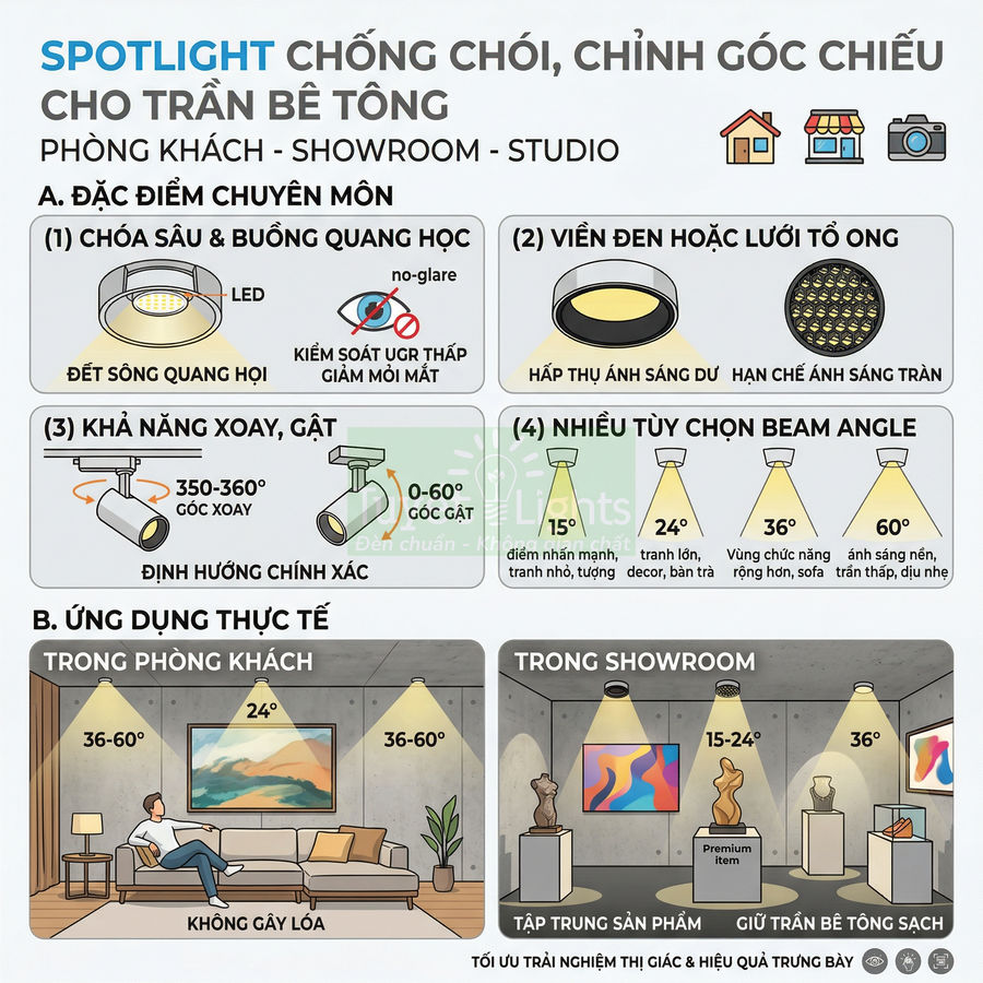 Spotlight âm trần chống chói cho trần bê tông, điều chỉnh góc chiếu cho phòng khách và showroom trưng bày sản phẩm