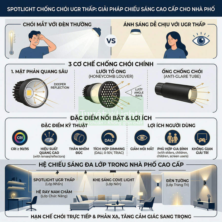 Infographic giới thiệu đèn spotlight chống chói UGR thấp cho nhà phố, cơ chế chống chói và ứng dụng chiếu sáng nội thất cao cấp