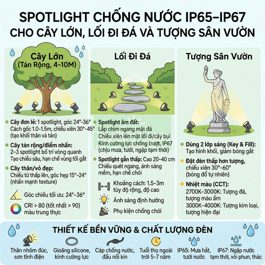 Infographic hướng dẫn lắp đặt đèn spotlight chống nước IP65 IP67 cho cây lớn lối đi đá và tượng sân vườn