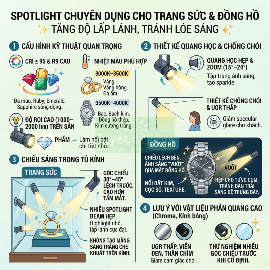 Spotlight chiếu trang sức và đồng hồ trong tủ kính, làm nổi bật độ lấp lánh và chi tiết sản phẩm trưng bày