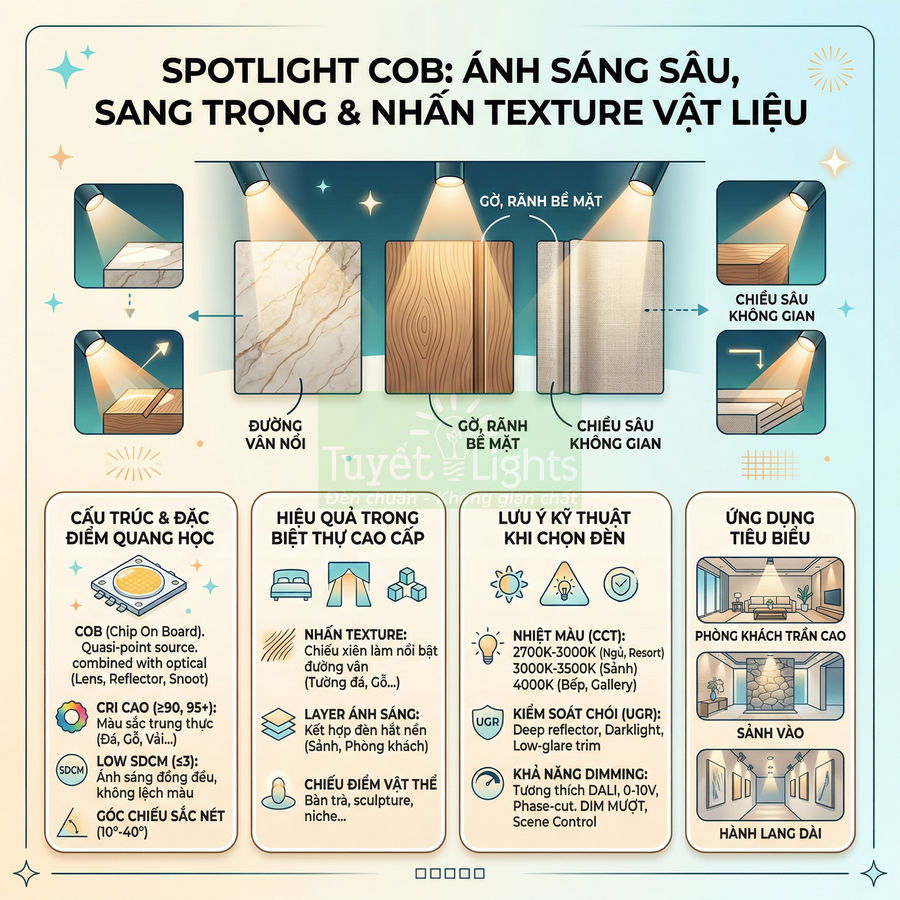 Infographic đèn spotlight COB Tuyết Lights nhấn mạnh ánh sáng sâu, làm nổi bật texture vật liệu nội thất