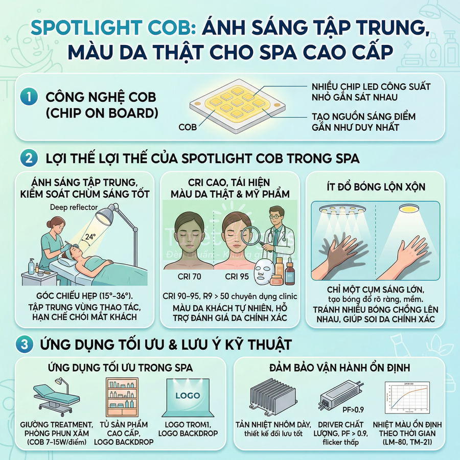Infographic giới thiệu spotlight COB cho spa, nêu ưu điểm ánh sáng tập trung, CRI cao và ứng dụng chiếu sáng giường treatment