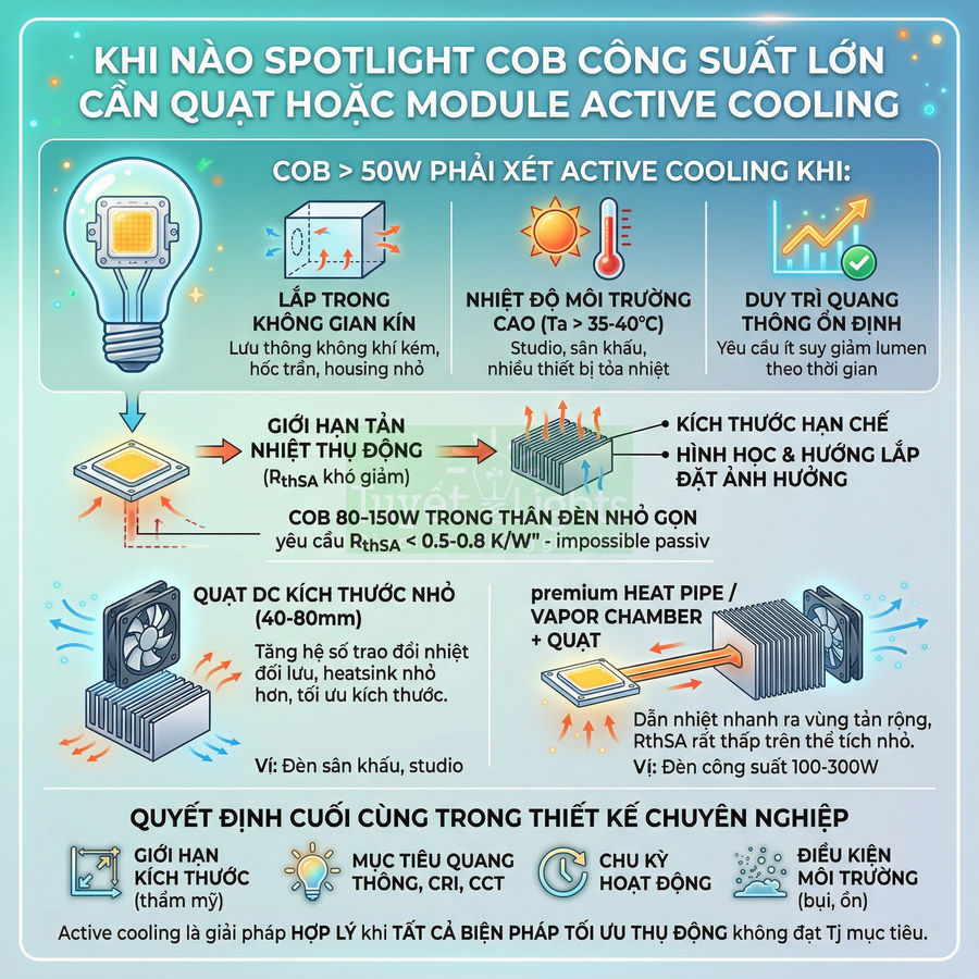 Infographic giải thích khi nào spotlight COB công suất lớn cần quạt hoặc module tản nhiệt chủ động