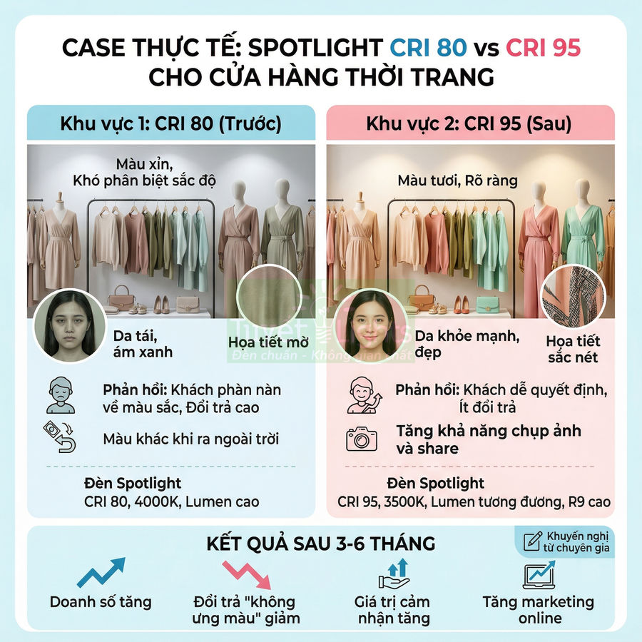 So sánh ánh sáng đèn spotlight CRI 80 và CRI 95 cho cửa hàng thời trang, ảnh hưởng đến màu sắc quần áo và trải nghiệm mua sắm
