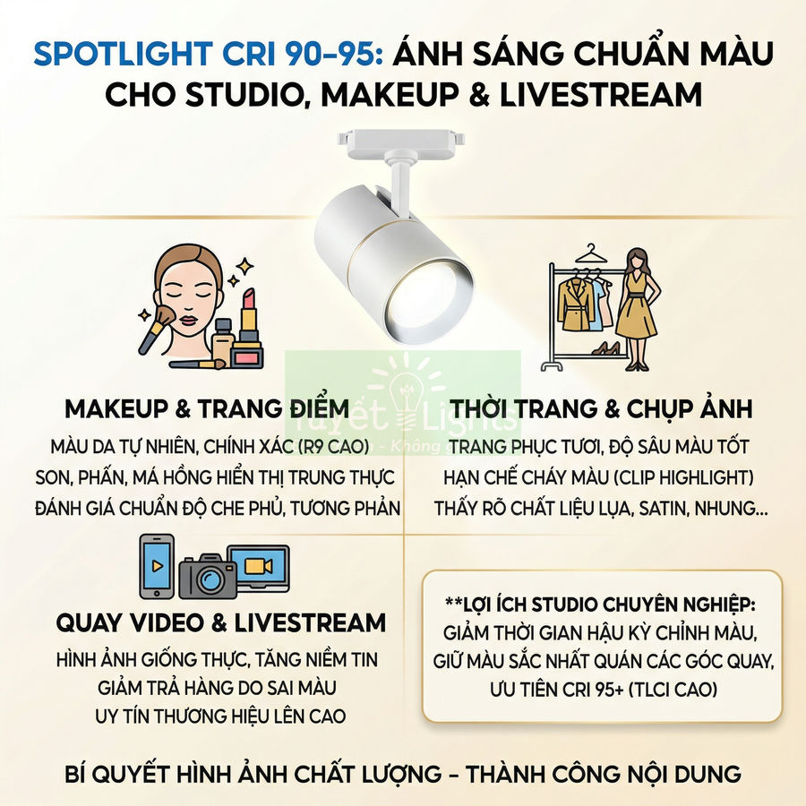 Đèn spotlight CRI 90 95 ánh sáng chuẩn màu cho studio makeup livestream quay video chụp ảnh thời trang