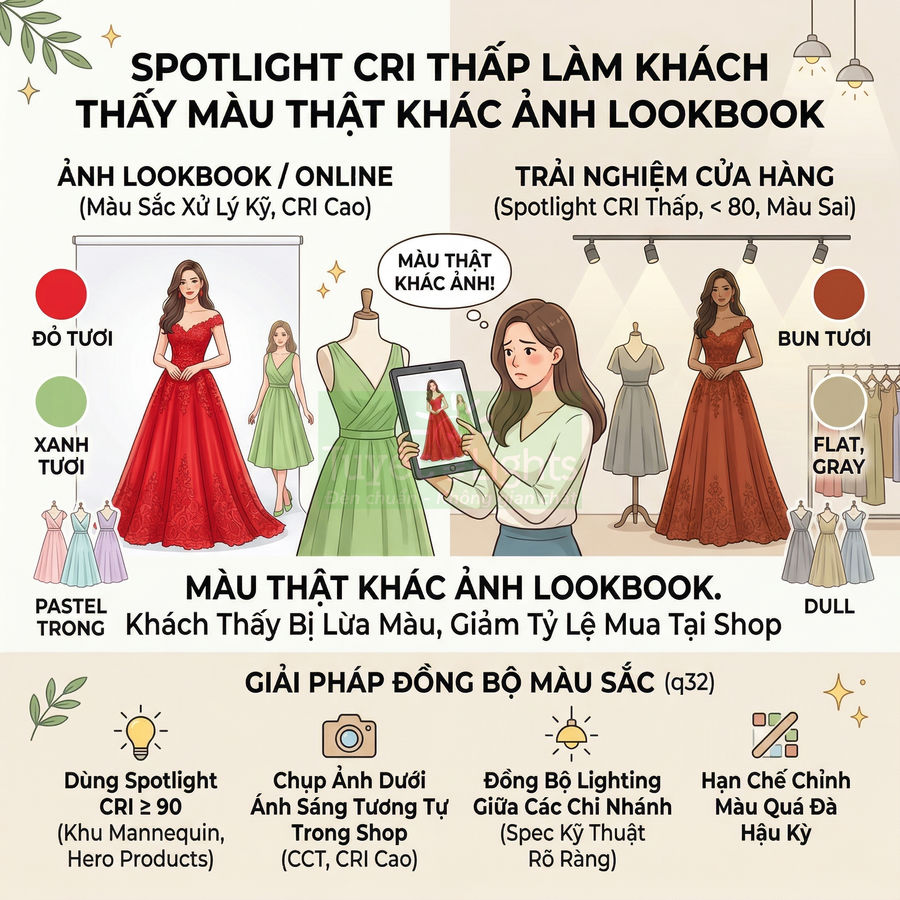 Minh họa váy dạ hội đỏ và xanh trong lookbook so sánh với màu váy thật dưới spotlight CRI thấp trong cửa hàng thời trang