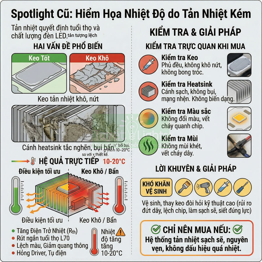 Infographic cảnh báo hiểm họa nhiệt độ cao do tản nhiệt kém cho đèn LED spotlight cũ và cách kiểm tra, vệ sinh