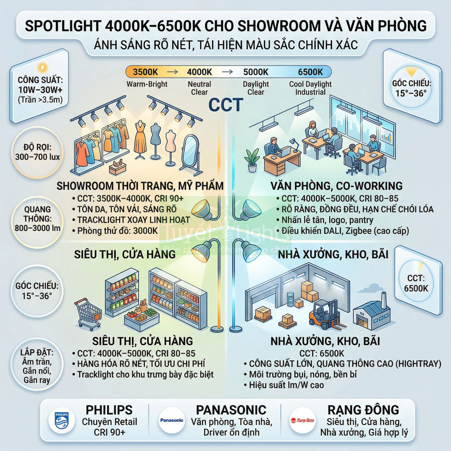 Infographic spotlight LED 4000K 6500K cho showroom, văn phòng, siêu thị, nhà xưởng của Philips Panasonic Rạng Đông