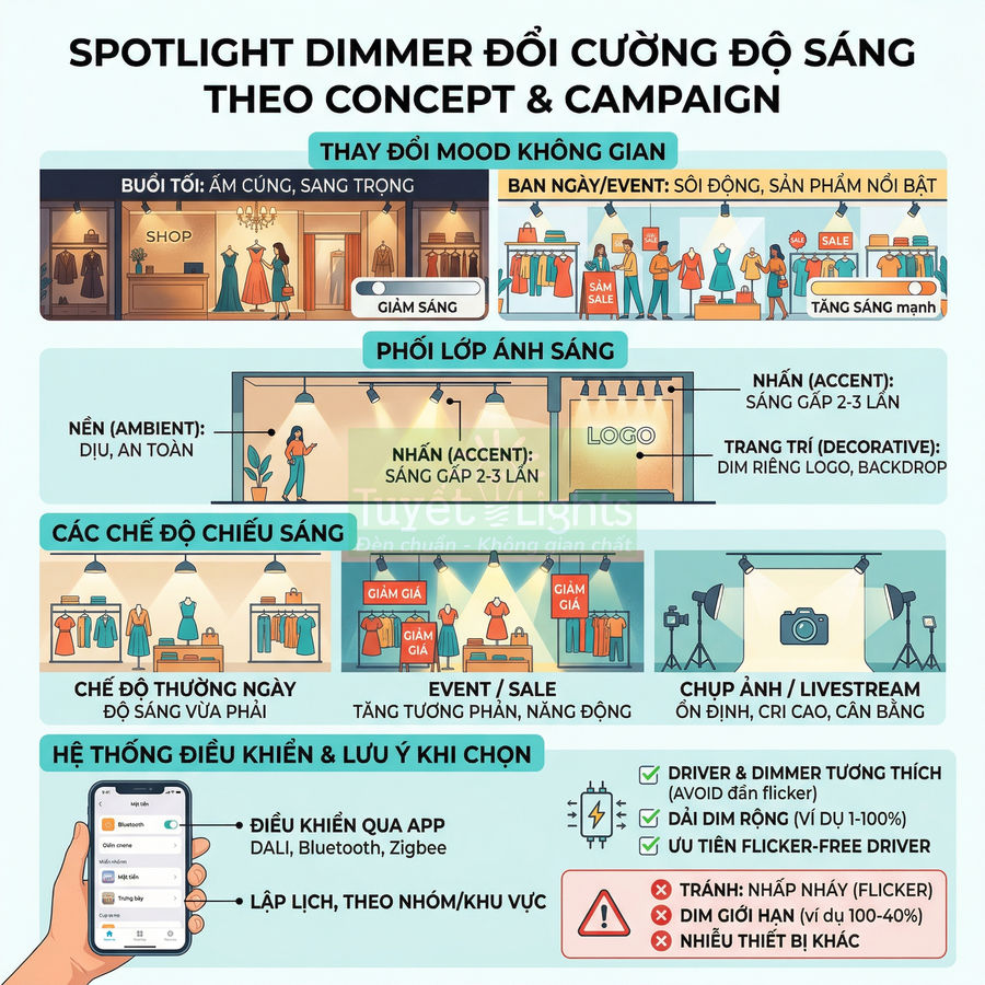 Spotlight dimmer điều chỉnh độ sáng cửa hàng thời trang cho buổi tối, event, chụp ảnh và livestream