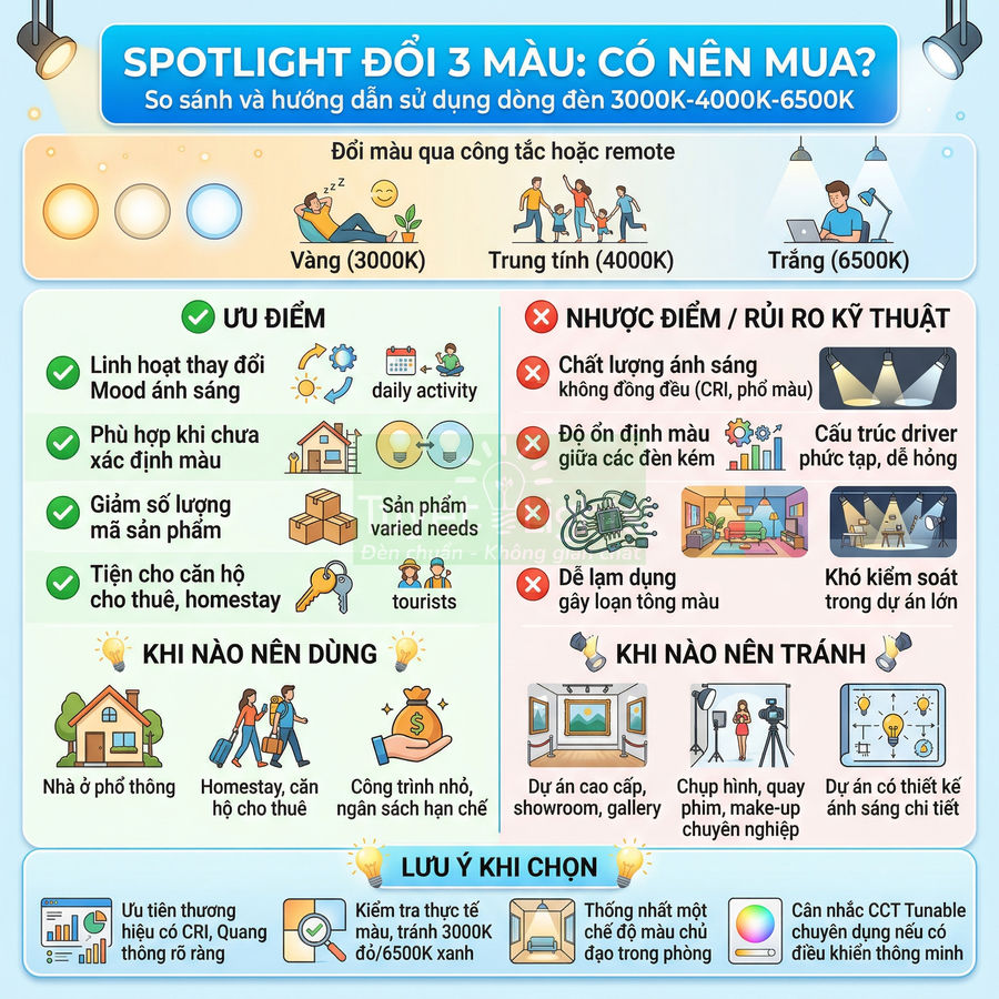 Infographic so sánh ưu nhược điểm và hướng dẫn sử dụng đèn spotlight đổi 3 màu 3000K 4000K 6500K