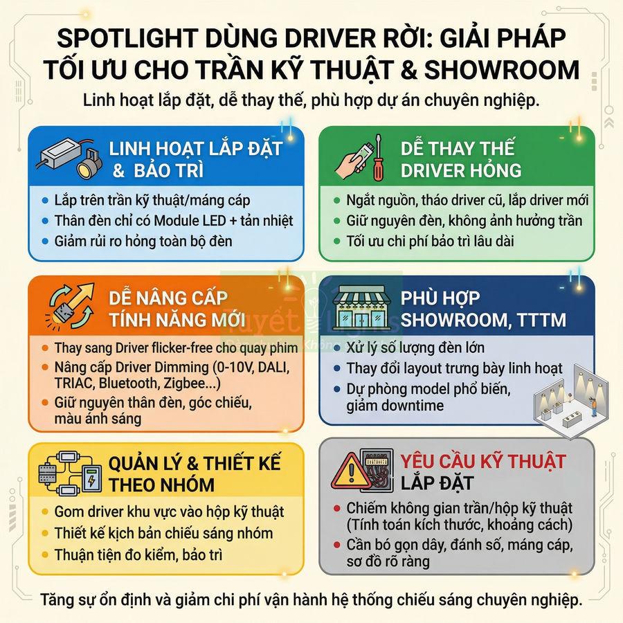 Infographic spotlight dùng driver rời cho trần kỹ thuật và showroom, nêu ưu điểm lắp đặt, bảo trì, nâng cấp chiếu sáng