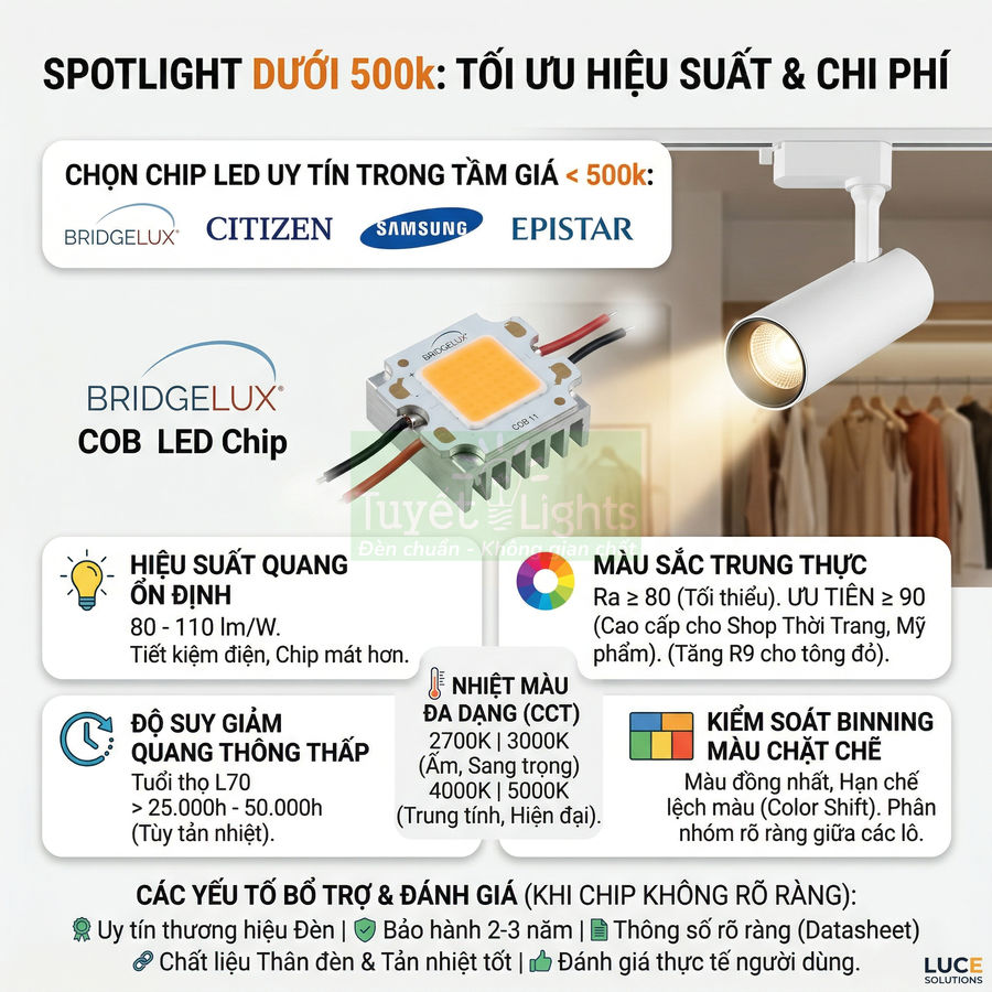 Đèn spotlight dùng chip LED COB Bridgelux giá dưới 500k tối ưu hiệu suất và chi phí chiếu sáng