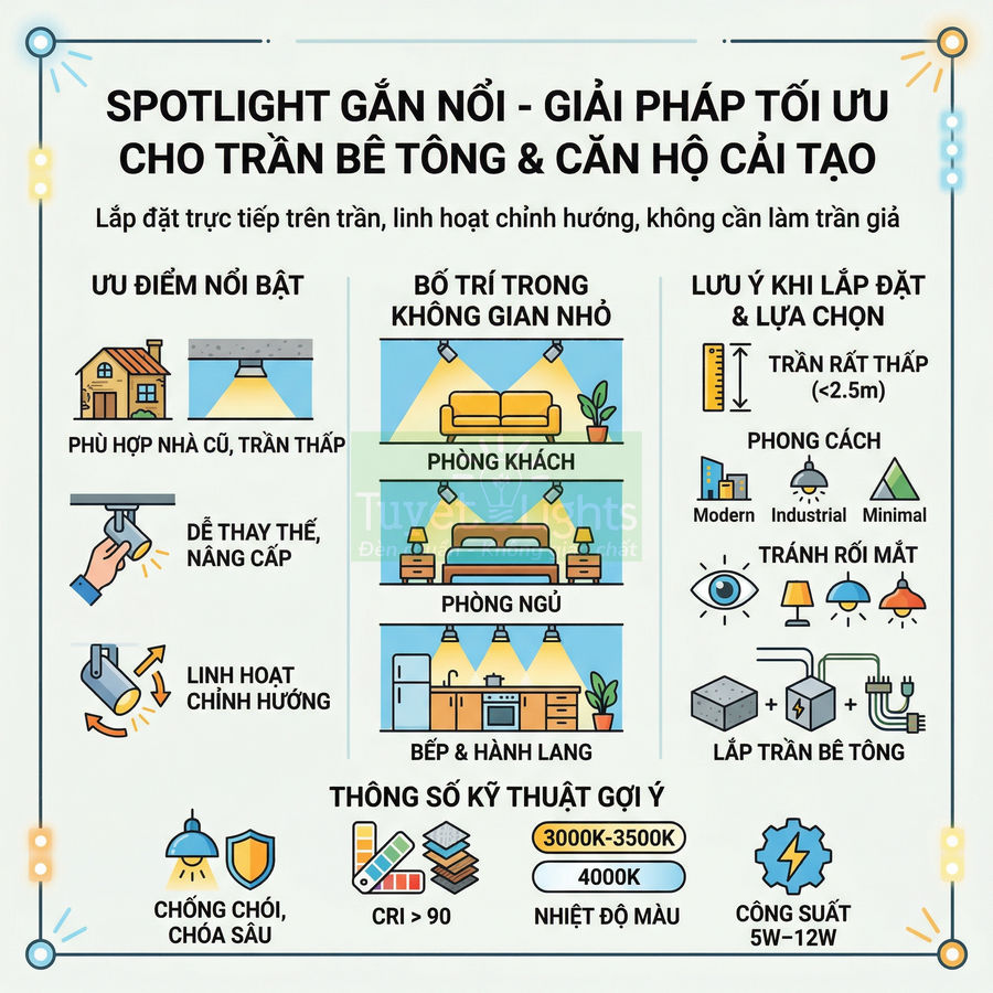 Infographic giới thiệu đèn spotlight gắn nổi cho trần bê tông, ưu điểm, vị trí lắp và thông số kỹ thuật gợi ý