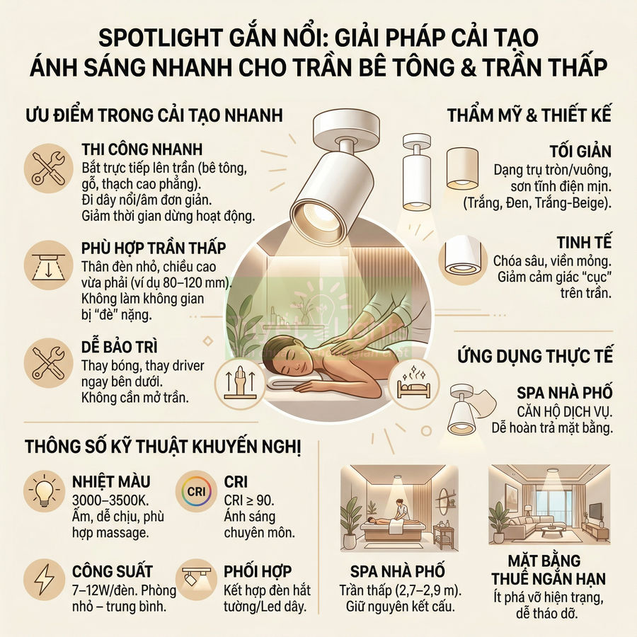 Đèn spotlight gắn nổi chiếu sáng phòng spa trần bê tông trần thấp, tạo không gian thư giãn ấm áp