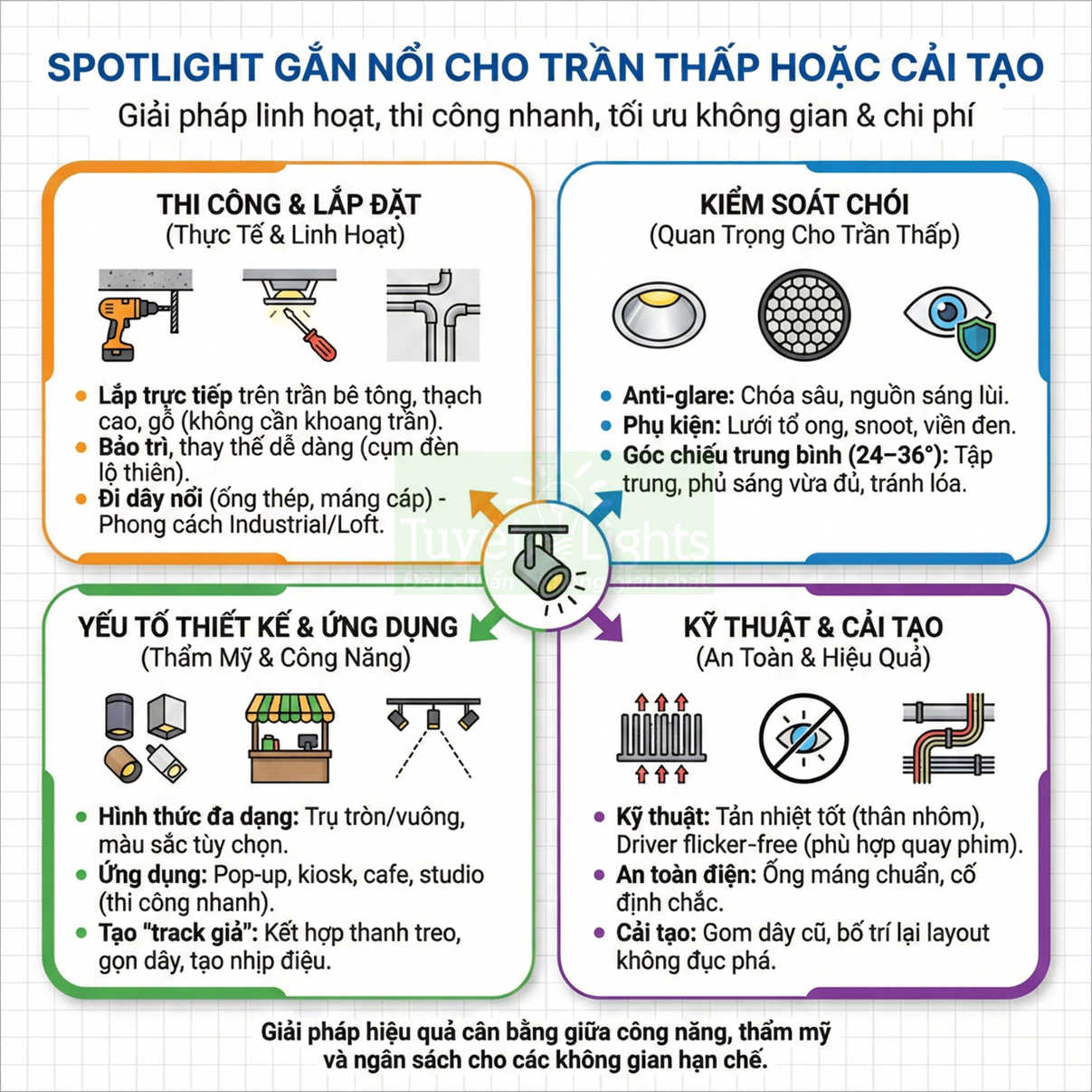 Infographic spotlight gắn nổi cho trần thấp, nêu ưu điểm thi công, kiểm soát chói, thiết kế ứng dụng và kỹ thuật cải tạo
