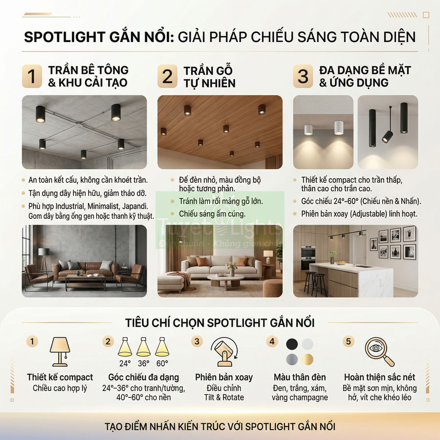 Spotlight gắn nổi chiếu sáng trần bê tông và trần gỗ cho phòng khách và bếp hiện đại