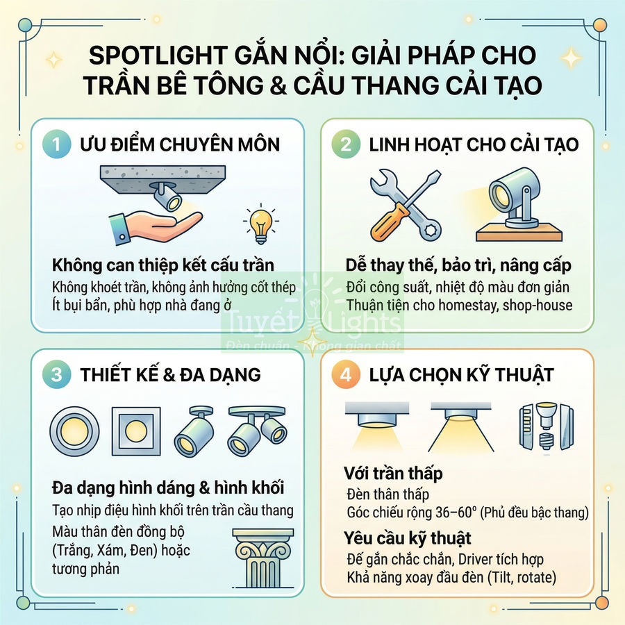 Infographic giới thiệu ưu điểm spotlight gắn nổi cho trần bê tông và cầu thang cải tạo, linh hoạt thiết kế và lắp đặt