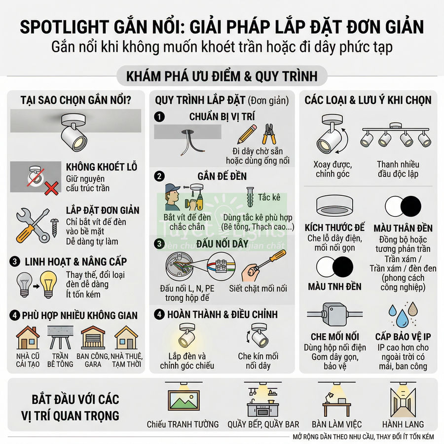 Hướng dẫn lắp đặt đèn spotlight gắn nổi, trình bày ưu điểm, quy trình và lưu ý chọn đèn chiếu sáng