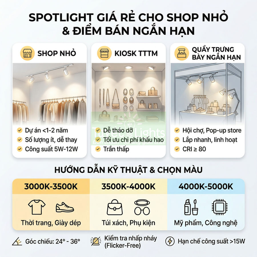 Đèn spotlight giá rẻ cho shop nhỏ, kiosk trung tâm thương mại và quầy trưng bày ngắn hạn, hướng dẫn chọn nhiệt màu