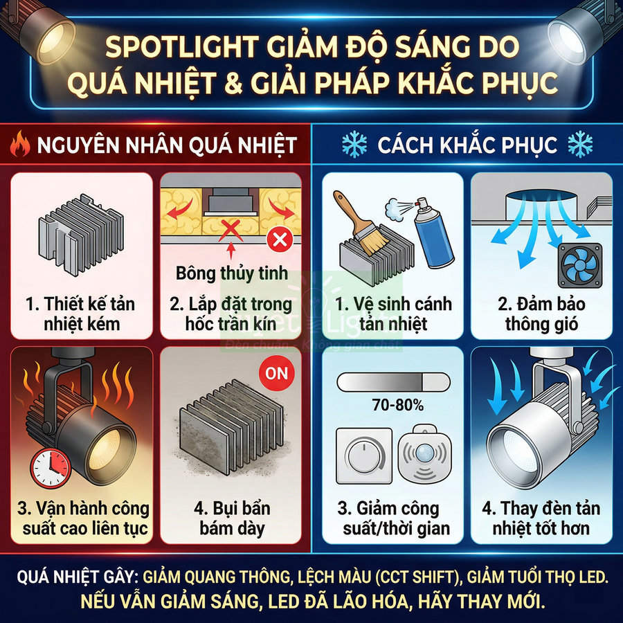 Hướng dẫn nguyên nhân đèn spotlight LED giảm độ sáng do quá nhiệt và cách vệ sinh, tản nhiệt, thay đèn phù hợp