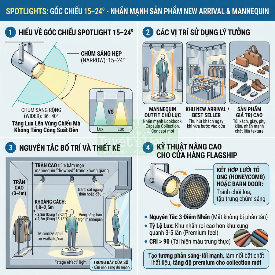 Infographic hướng dẫn dùng đèn spotlight góc chiếu 15 24 độ để làm nổi bật mannequin và sản phẩm trưng bày trong cửa hàng thời trang